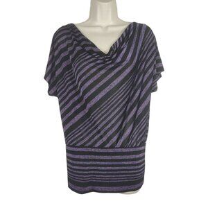 Heart Soul Top Women Size L Draped Neck Black Purple Stripe Dolman Short Sleeve